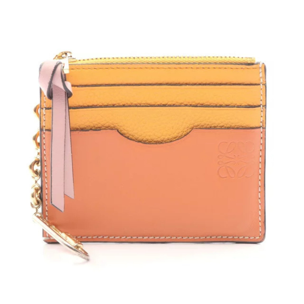 Loewe Anagram Square Coin Card Keyring Leather Case Wallet Brown Orange Pink